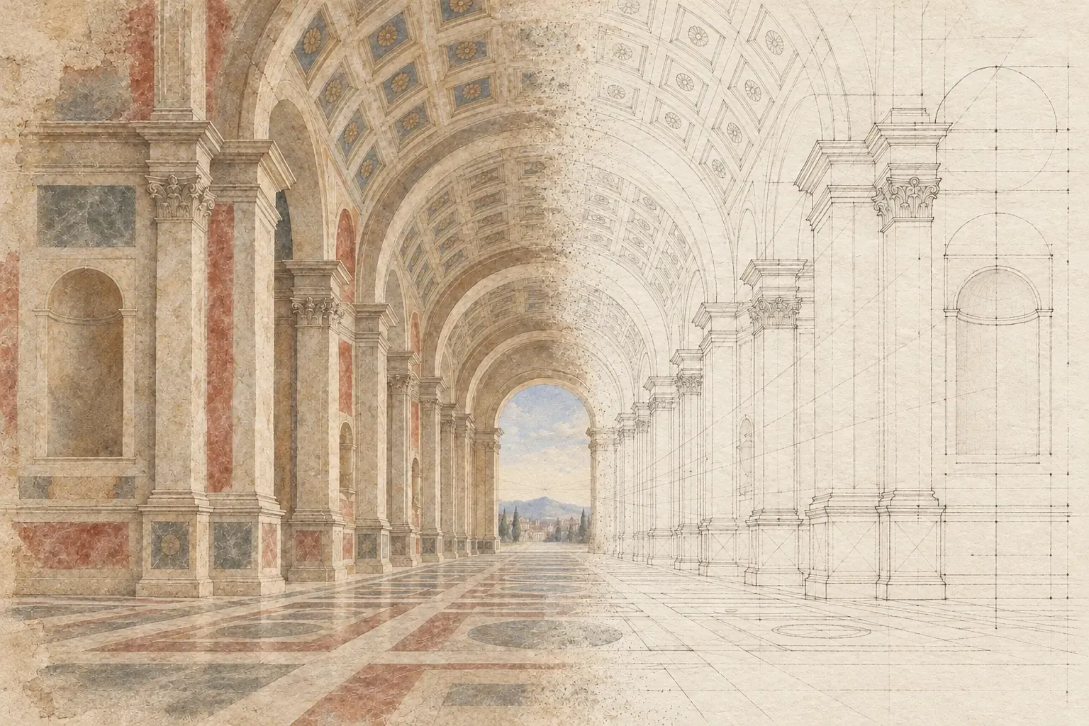 Galeria em arcos que começa pintada e termina como desenho técnico